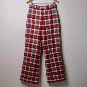 Vintage 1970s Plaid Knit Wide Leg Pants High Waist Bell Bottoms Hippie Boho